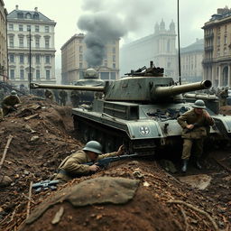 A dramatic scene depicting the Nazi German attack on London in 1944, showcasing British soldiers digging trenches and fortifying positions in an urban environment