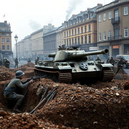 A dramatic scene depicting the Nazi German attack on London in 1944, showcasing British soldiers digging trenches and fortifying positions in an urban environment