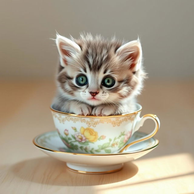 A raw, high-resolution photograph of an adorable kitten sitting snugly in a delicate teacup