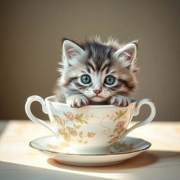 A raw, high-resolution photograph of an adorable kitten sitting snugly in a delicate teacup