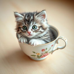 A raw, high-resolution photograph of an adorable kitten sitting snugly in a delicate teacup