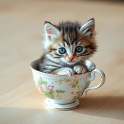 A raw, high-resolution photograph of an adorable kitten sitting snugly in a delicate teacup