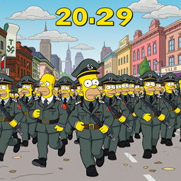 A humorous and satirical scene depicting a Nazi German soldier parade in the year 2029, styled in the aesthetic of 'The Simpsons'