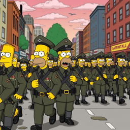 A humorous and satirical scene depicting a Nazi German soldier parade in the year 2029, styled in the aesthetic of 'The Simpsons'
