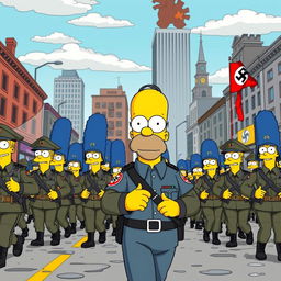 A humorous and satirical scene depicting a Nazi German soldier parade in the year 2029, styled in the aesthetic of 'The Simpsons'