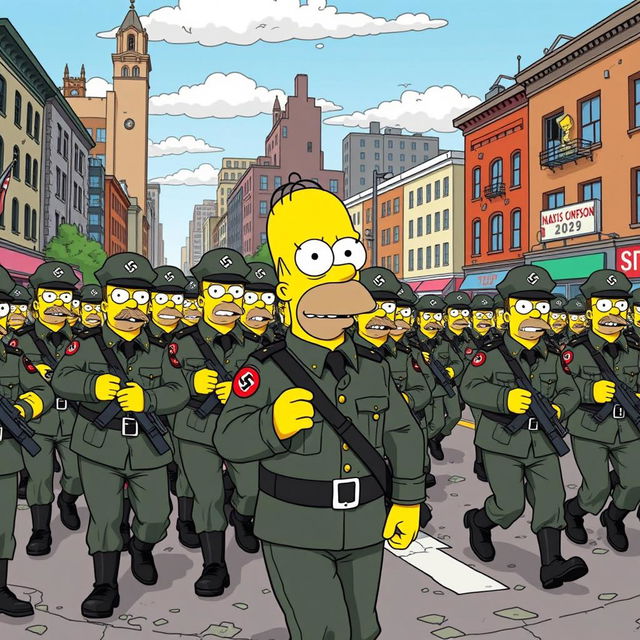 A humorous and satirical scene depicting a Nazi German soldier parade in the year 2029, styled in the aesthetic of 'The Simpsons'