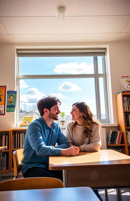 A warm and inviting classroom scene featuring a happy couple candidly enjoying each other's company
