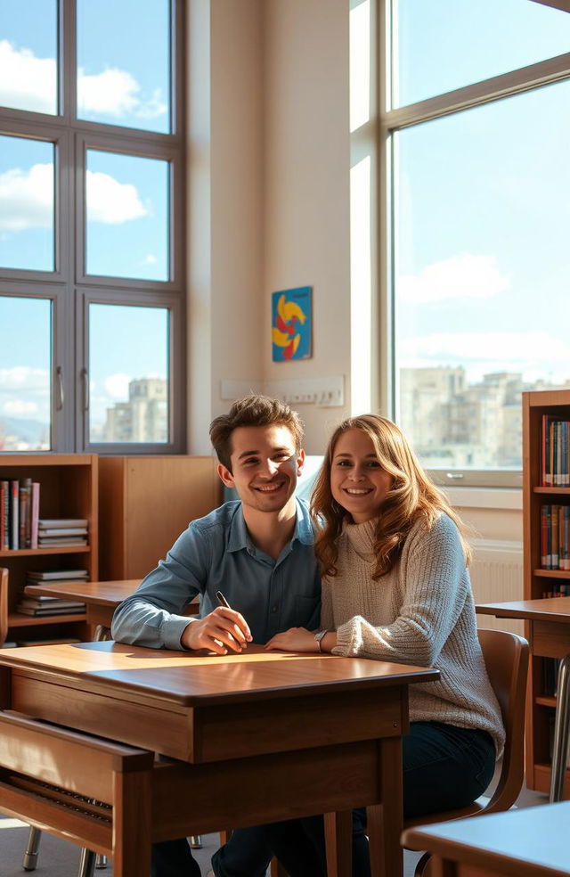 A warm and inviting classroom scene featuring a happy couple candidly enjoying each other's company