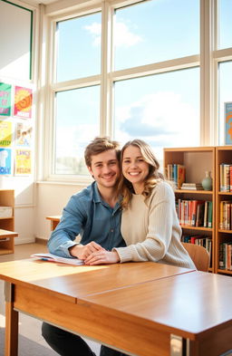A warm and inviting classroom scene featuring a happy couple candidly enjoying each other's company
