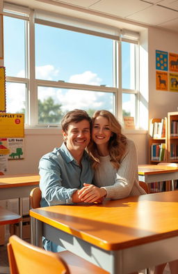 A warm and inviting classroom scene featuring a happy couple candidly enjoying each other's company