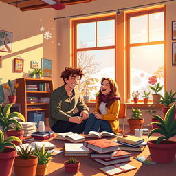 A picturesque scene depicting a couple sitting together in a cozy classroom, surrounded by warm sunlight streaming through the large windows