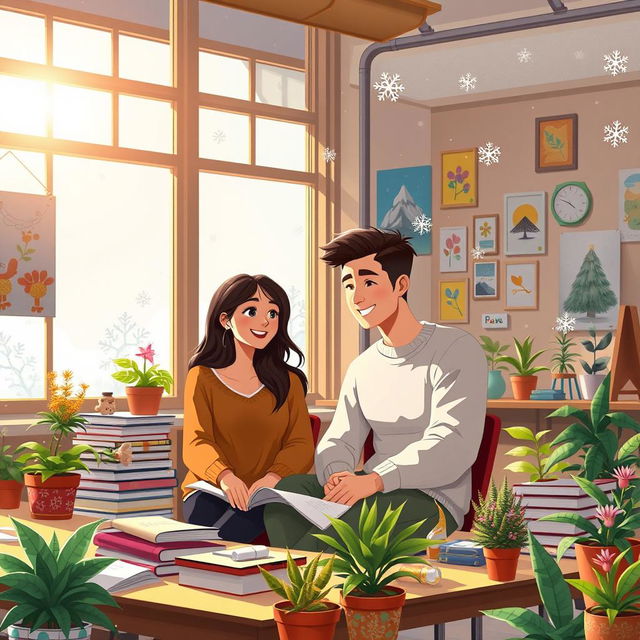 A picturesque scene depicting a couple sitting together in a cozy classroom, surrounded by warm sunlight streaming through the large windows