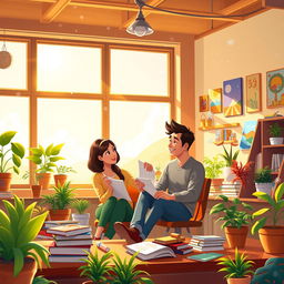 A picturesque scene depicting a couple sitting together in a cozy classroom, surrounded by warm sunlight streaming through the large windows