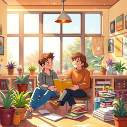 A picturesque scene depicting a couple sitting together in a cozy classroom, surrounded by warm sunlight streaming through the large windows