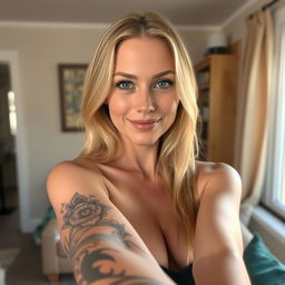 A blonde woman with a striking tattoo that covers her entire left arm stands confidently, taking a selfie in her cozy home