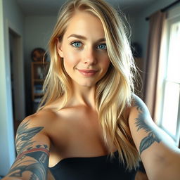 A blonde woman with a striking tattoo that covers her entire left arm stands confidently, taking a selfie in her cozy home