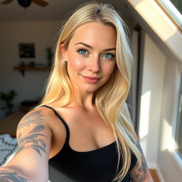A blonde woman with a striking tattoo that covers her entire left arm stands confidently, taking a selfie in her cozy home