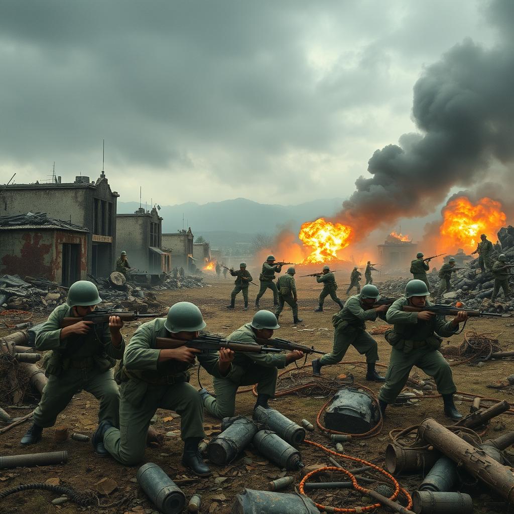 A dramatic and intense scene depicting the Battle of Okinawa, featuring soldiers in military uniforms engaged in combat amidst a war-torn landscape