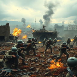 A dramatic and intense scene depicting the Battle of Okinawa, featuring soldiers in military uniforms engaged in combat amidst a war-torn landscape