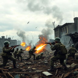 A dramatic and intense scene depicting the Battle of Okinawa, featuring soldiers in military uniforms engaged in combat amidst a war-torn landscape