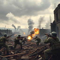 A dramatic and intense scene depicting the Battle of Okinawa, featuring soldiers in military uniforms engaged in combat amidst a war-torn landscape