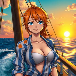 A stunning portrait of Nami from One Piece, showcasing her iconic orange hair and trademark blue and white striped shirt