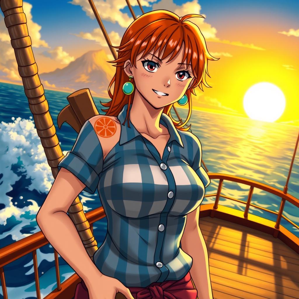 A stunning portrait of Nami from One Piece, showcasing her iconic orange hair and trademark blue and white striped shirt