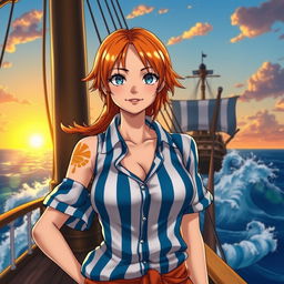 A stunning portrait of Nami from One Piece, showcasing her iconic orange hair and trademark blue and white striped shirt