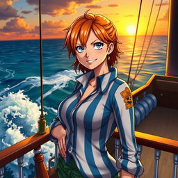A stunning portrait of Nami from One Piece, showcasing her iconic orange hair and trademark blue and white striped shirt
