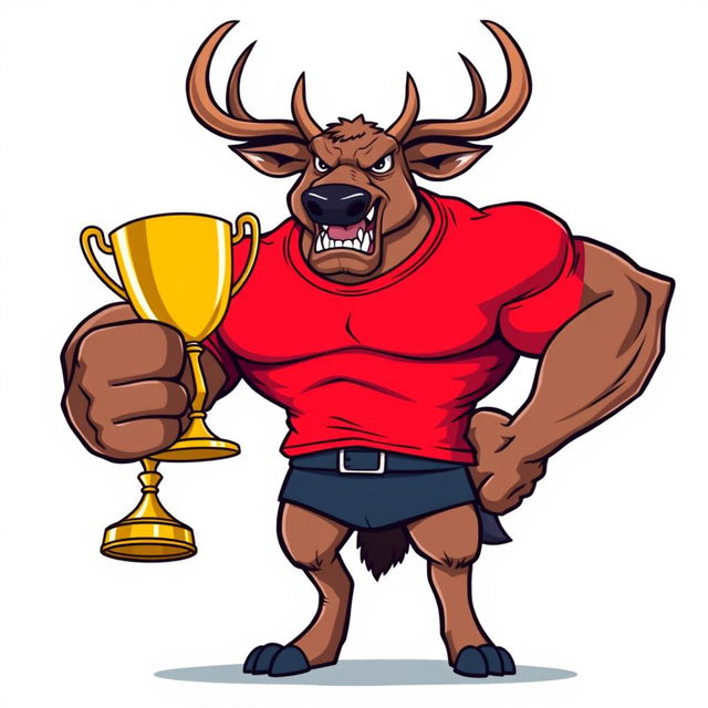 A large, muscular deer with an intense, angry facial expression, sporting a bright red t-shirt