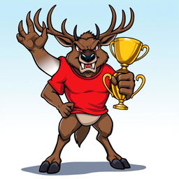 A large, muscular deer with an intense, angry facial expression, sporting a bright red t-shirt