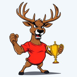 A large, muscular deer with an intense, angry facial expression, sporting a bright red t-shirt