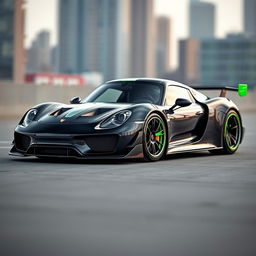 A black Porsche 918 with eye-catching green accents and visible modifications, featuring a sleek design and a dynamic stance