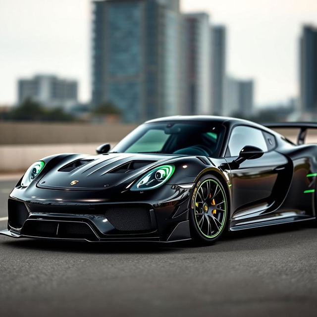 A black Porsche 918 with eye-catching green accents and visible modifications, featuring a sleek design and a dynamic stance