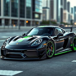 A black Porsche 918 with eye-catching green accents and visible modifications, featuring a sleek design and a dynamic stance