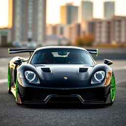 A black Porsche 918 with eye-catching green accents and visible modifications, featuring a sleek design and a dynamic stance