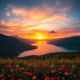 A stunning landscape featuring a panoramic view of a vibrant sunset over a serene lake, surrounded by lush green mountains and colorful wildflowers in the foreground