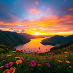 A stunning landscape featuring a panoramic view of a vibrant sunset over a serene lake, surrounded by lush green mountains and colorful wildflowers in the foreground
