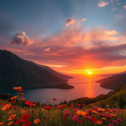 A stunning landscape featuring a panoramic view of a vibrant sunset over a serene lake, surrounded by lush green mountains and colorful wildflowers in the foreground