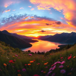 A stunning landscape featuring a panoramic view of a vibrant sunset over a serene lake, surrounded by lush green mountains and colorful wildflowers in the foreground