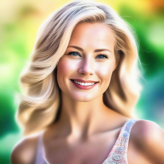 This is a high-quality digital art image of a blonde woman in her mid-30s