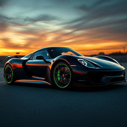 A stunning Porsche 918 Spyder in sleek black, highlighted by striking green accents