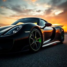 A stunning Porsche 918 Spyder in sleek black, highlighted by striking green accents