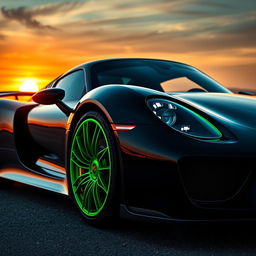 A stunning Porsche 918 Spyder in sleek black, highlighted by striking green accents