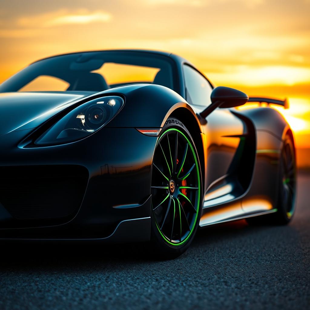 A stunning Porsche 918 Spyder in sleek black, highlighted by striking green accents