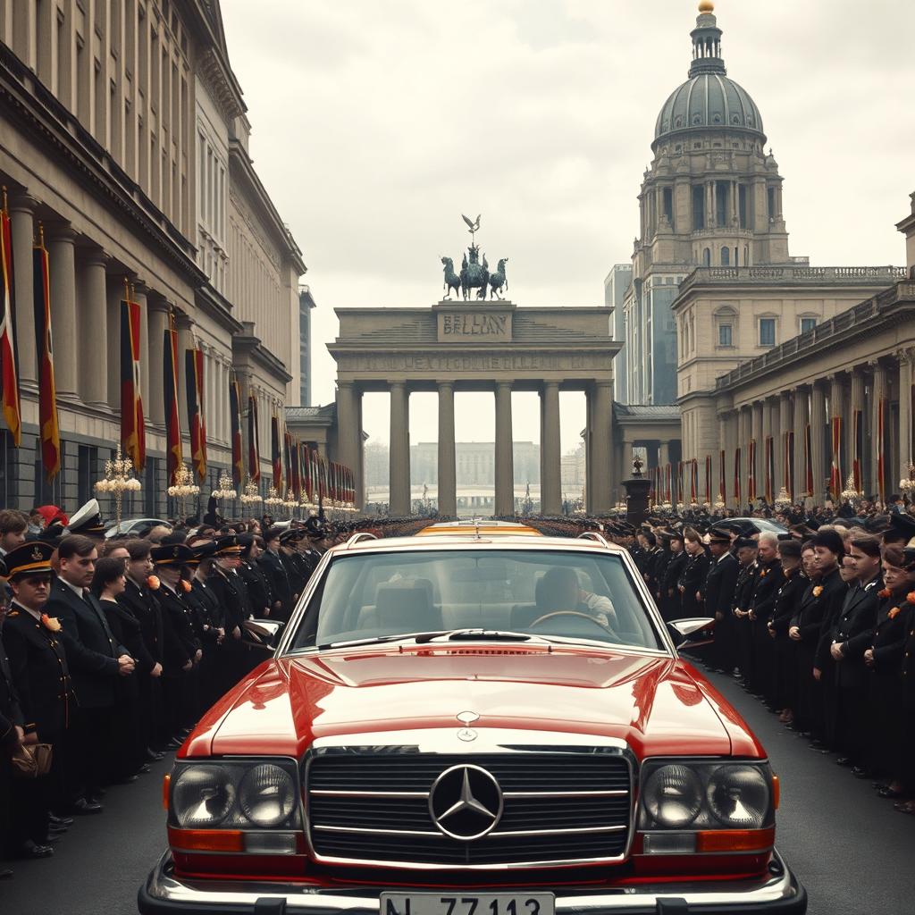 A grand and imposing scene set in Berlin in 1978, portraying an alternate history where Germany emerged victorious in World War II
