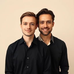 An edited image featuring two individuals, one wearing a black shirt and the other wearing a cream shirt