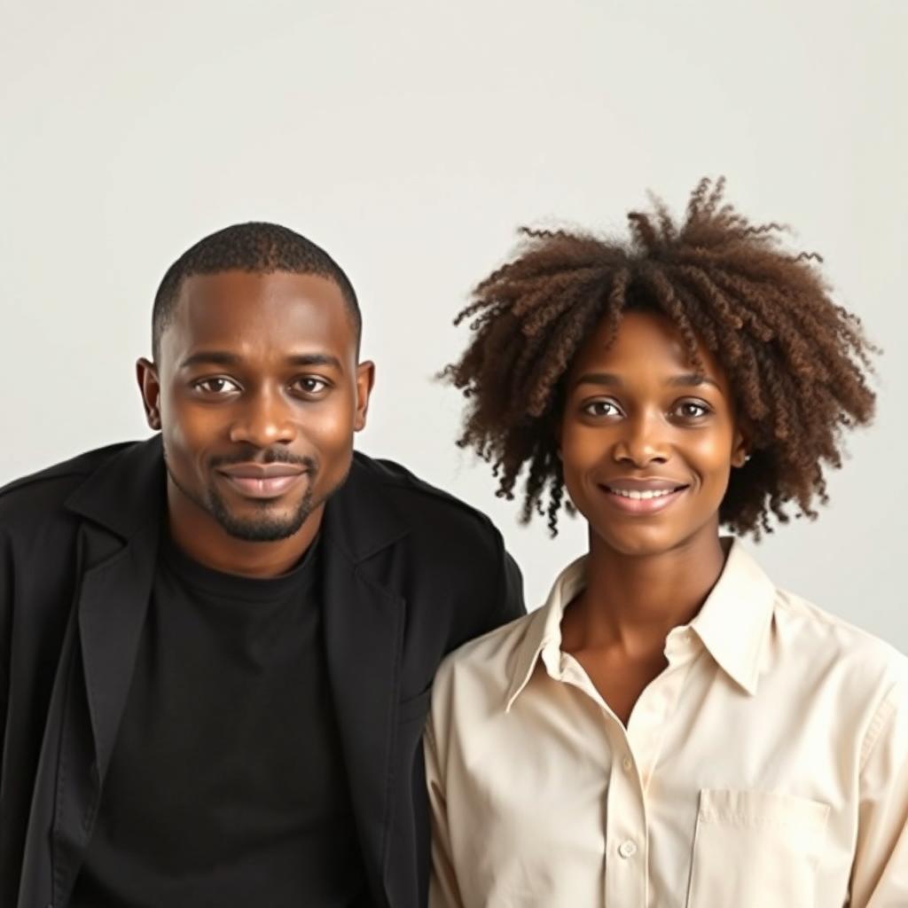 An edited image featuring two individuals, one wearing a black shirt and the other wearing a cream shirt