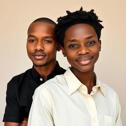 An edited image featuring two individuals, one wearing a black shirt and the other wearing a cream shirt