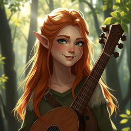 A beautiful young elf named Estel, tall and graceful, with fiery hair and sun-kissed skin from her travels